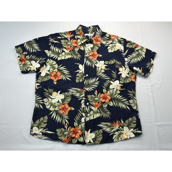 Hawaiian Island Creations Other - Alex Cannon Hawaiian Camp Shirt Large Tropical Floral Linen Rayon Aloha Navy